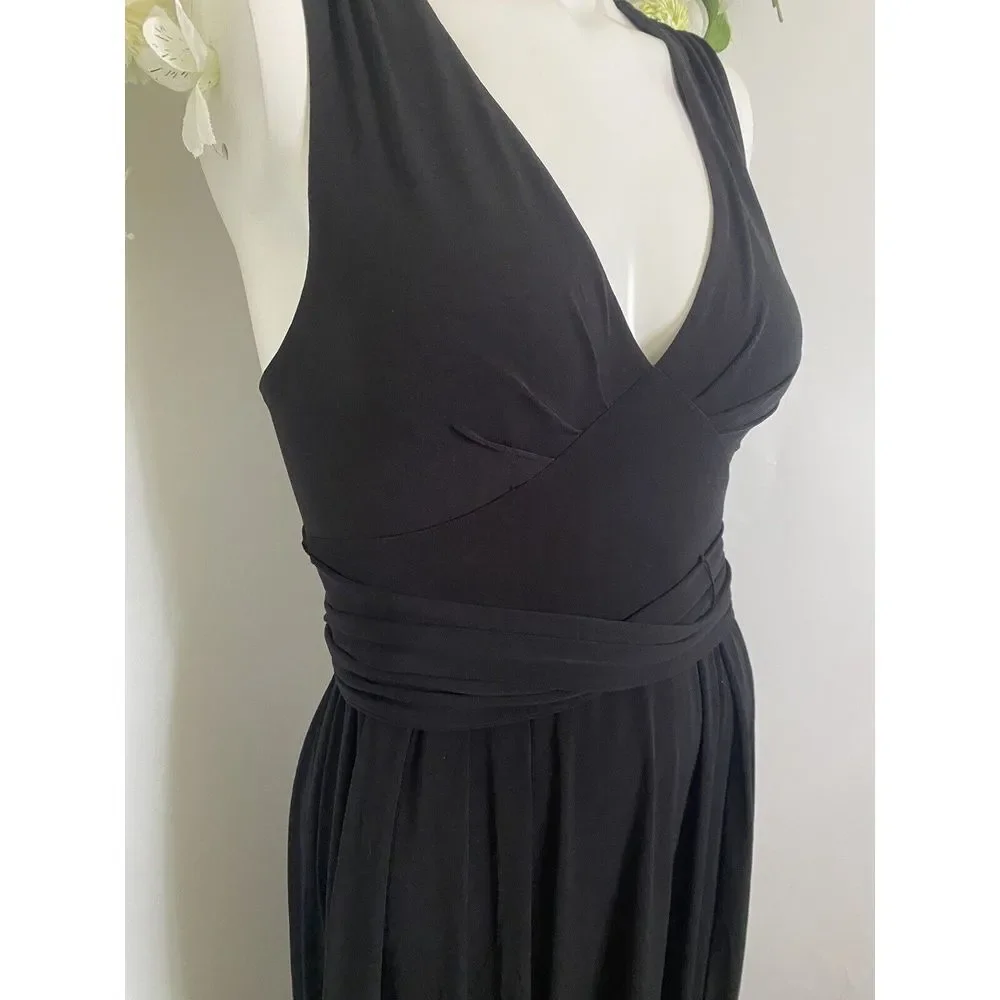 BCBGeneration V Neck Belted Black Maxi‎ Dress XS Front Slit Open Back 58